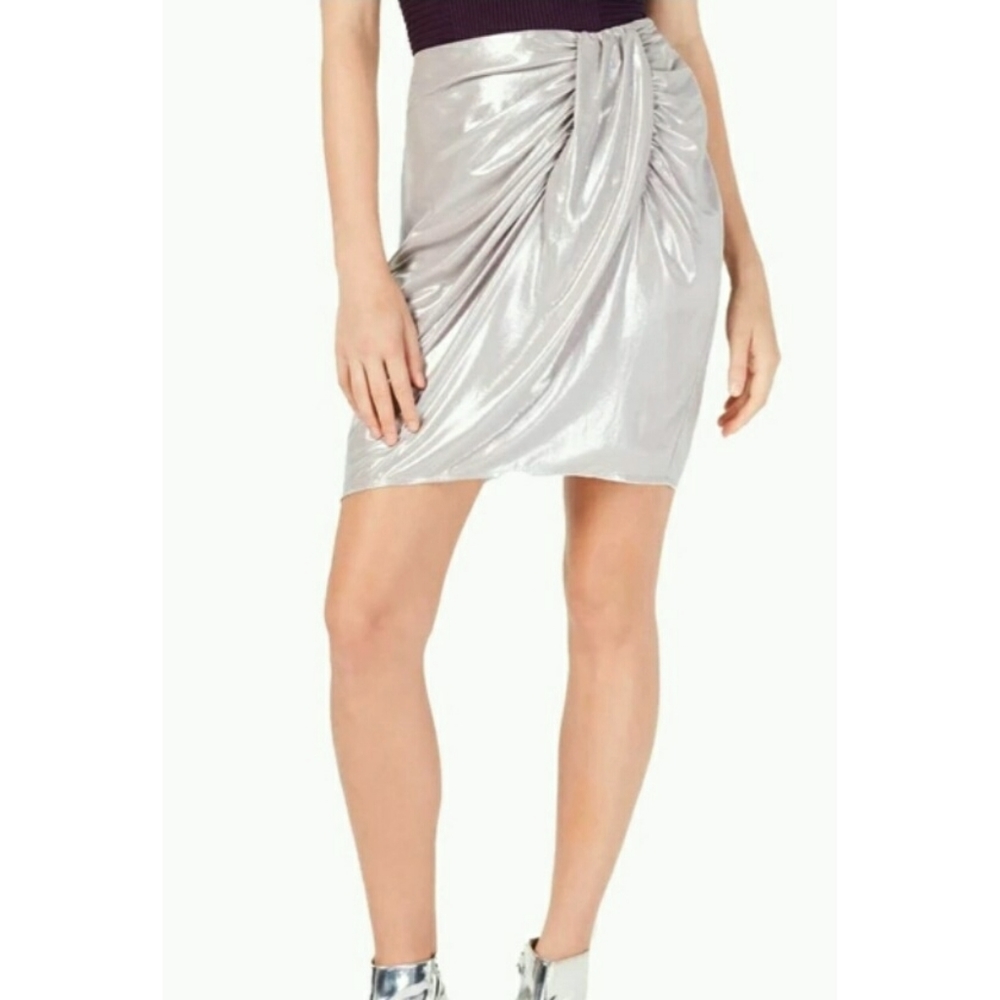 INC International Concepts Metallic Glam Refresh Draped Mini Skirt Silver 12
